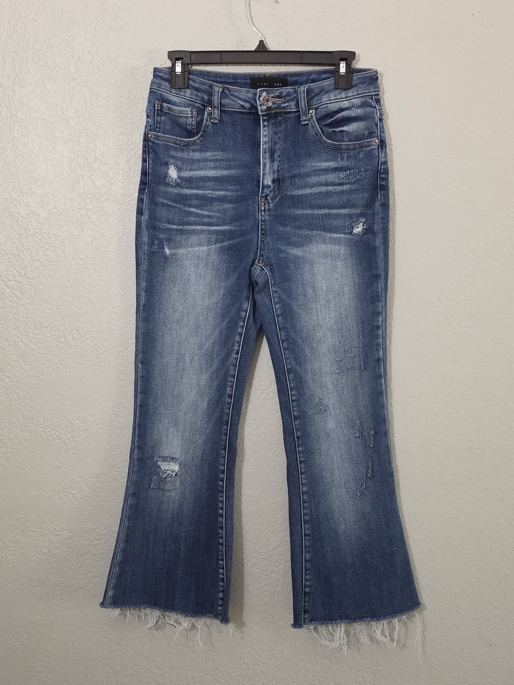 Risen Jeans Distressed High Rise Cropped Flare Jeans Medium Wash Womens 7/28